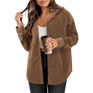 Women's Button Down Jacket Brown Shirts Long Sleeve Oversized Blouses Tops
